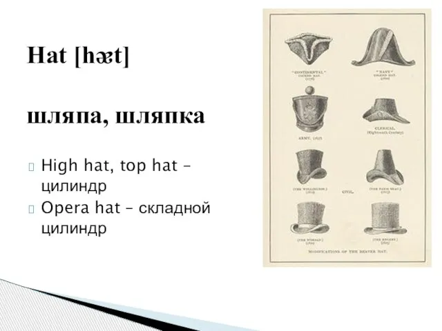 High hat, top hat – цилиндр Opera hat – складной цилиндр Hat [hᴂt] шляпа, шляпка