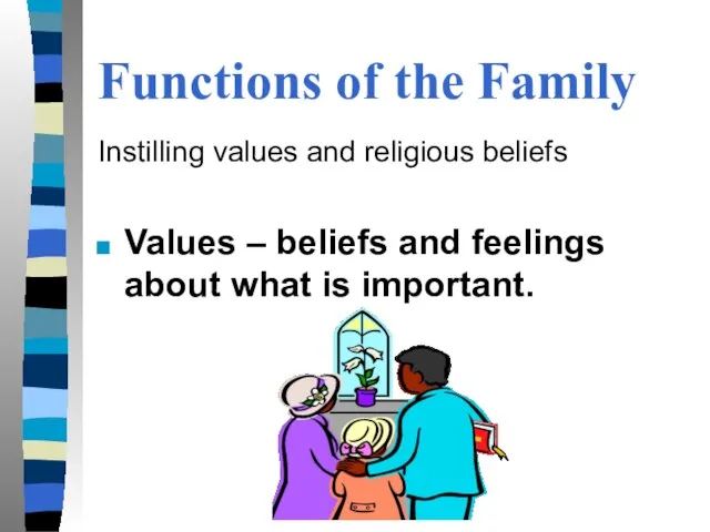 Functions of the Family Instilling values and religious beliefs Values – beliefs