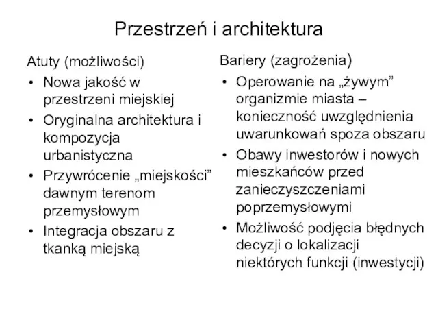 Przestrzeń i architektura Atuty (możliwości) Nowa jakość w przestrzeni miejskiej Oryginalna architektura