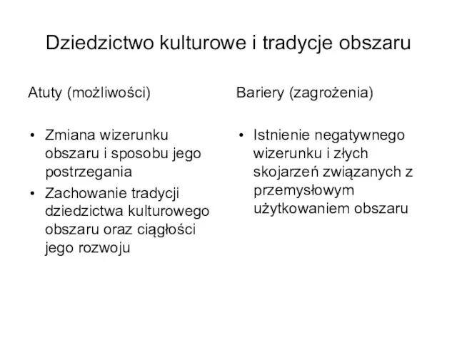 Dziedzictwo kulturowe i tradycje obszaru Atuty (możliwości) Zmiana wizerunku obszaru i sposobu