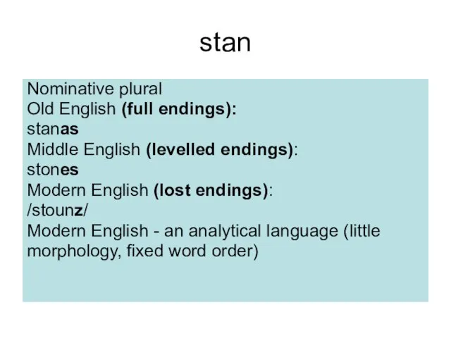 stan Nominative plural Old English (full endings): stanas Middle English (levelled endings):