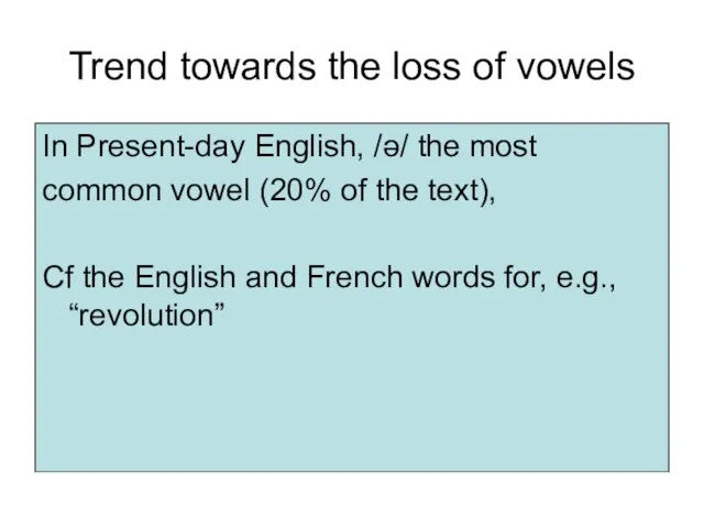 Trend towards the loss of vowels In Present-day English, /ə/ the most
