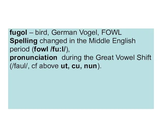 fugol – bird, German Vogel, FOWL Spelling changed in the Middle English