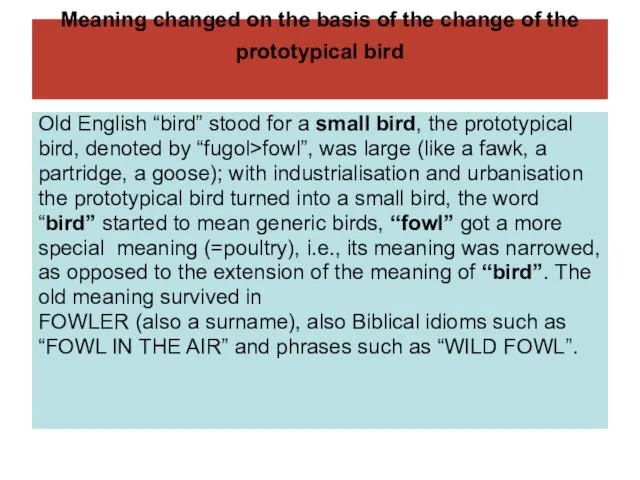 Meaning changed on the basis of the change of the prototypical bird