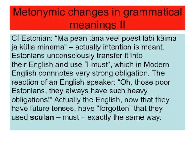 Metonymic changes in grammatical meanings II Cf Estonian: “Ma pean täna veel