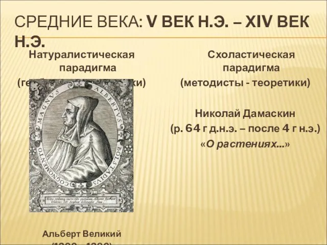 СРЕДНИЕ ВЕКА: V ВЕК Н.Э. – ХIV ВЕК Н.Э. Натуралистическая парадигма (гербалисты