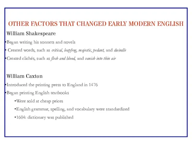 OTHER FACTORS THAT CHANGED EARLY MODERN ENGLISH William Shakespeare Began writing his