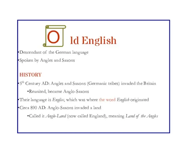 ld English Descendant of the German language Spoken by Angles and Saxons