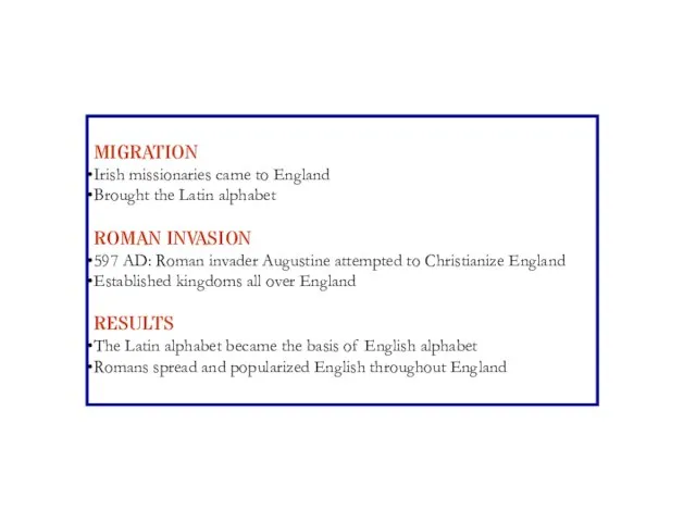 MIGRATION Irish missionaries came to England Brought the Latin alphabet ROMAN INVASION