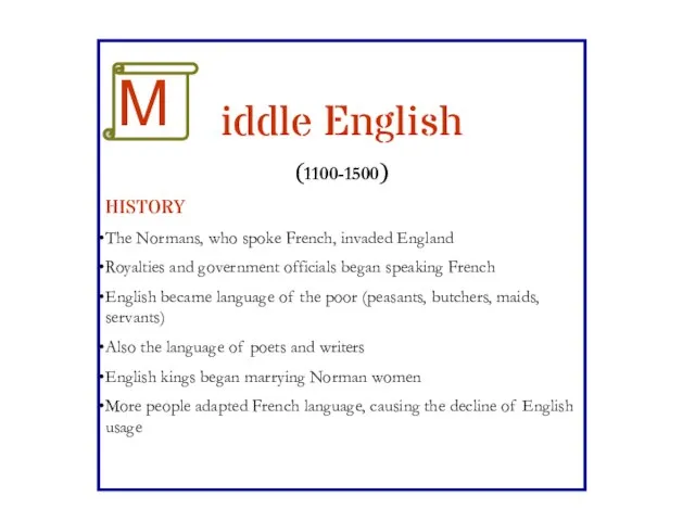 iddle English (1100-1500) HISTORY The Normans, who spoke French, invaded England Royalties