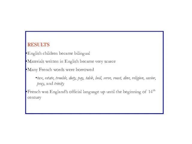 RESULTS English children became bilingual Materials written in English became very scarce