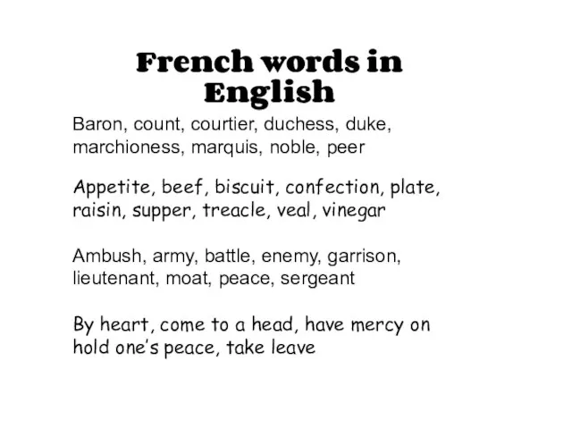 French words in English Baron, count, courtier, duchess, duke, marchioness, marquis, noble,