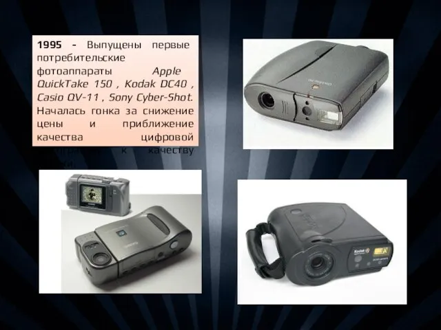 1995 - Выпущены первые потребительские фотоаппараты Apple QuickTake 150 , Kodak DC40