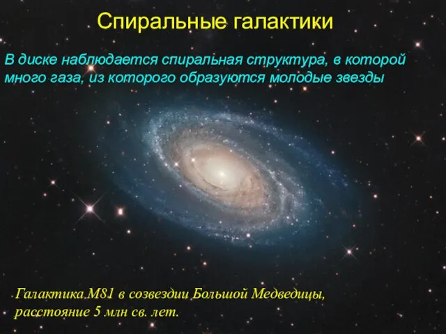 Спиральные галактики Галактика M81 в созвездии Большой Медведицы, расстояние 5 млн св.