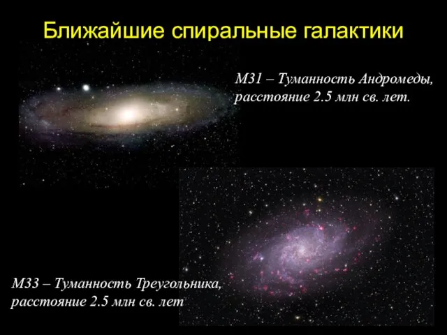 Ближайшие спиральные галактики M31 – Туманность Андромеды, расстояние 2.5 млн св. лет.