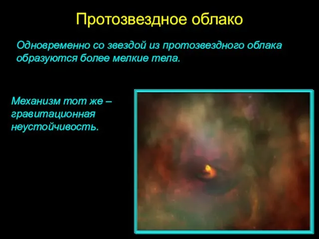Протозвездное облако Одновременно со звездой из протозвездного облака образуются более мелкие тела.