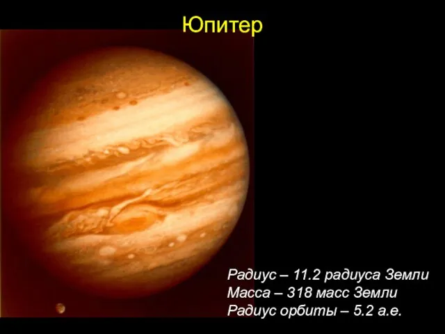 Юпитер Радиус – 11.2 радиуса Земли Масса – 318 масс Земли Радиус орбиты – 5.2 а.е.