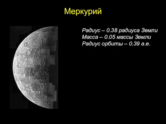 Меркурий Радиус – 0.38 радиуса Земли Масса – 0.05 массы Земли Радиус орбиты – 0.39 а.е.