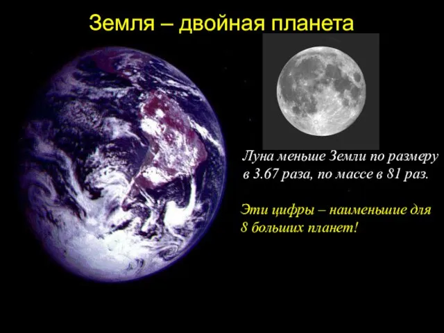 Земля – двойная планета Луна меньше Земли по размеру в 3.67 раза,