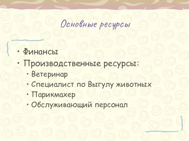 Основные ресурсы Финансы Производственные ресурсы: Ветеринар Специалист по Выгулу животных Парикмахер Обслуживающий персонал