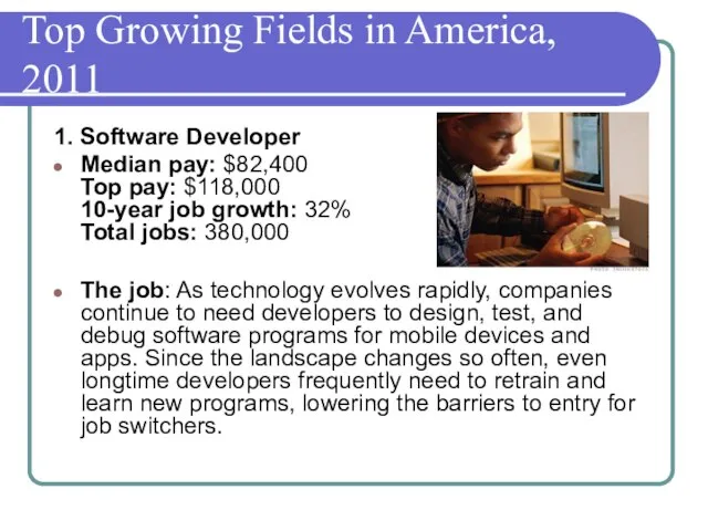 Top Growing Fields in America, 2011 1. Software Developer Median pay: $82,400