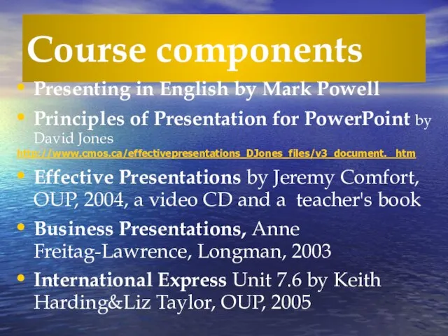 Course components Presenting in English by Mark Powell Principles of Presentation for