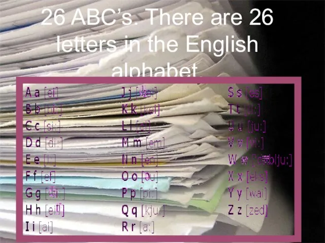 26 ABC’s. There are 26 letters in the English alphabet.