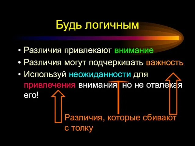 Будь логичным Различия привлекают внимание Различия могут подчеркивать важность Используй неожиданности для