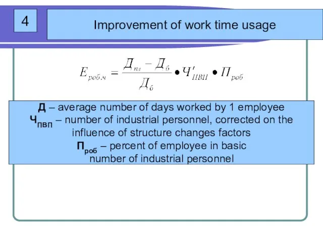 4 Improvement of work time usage Д – average number of days