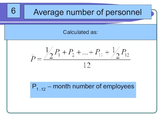 6 Average number of personnel Calculated as: P1..12 – month number of employees