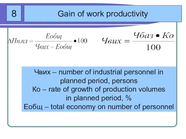 8 Gain of work productivity Чвих – number of industrial personnel in