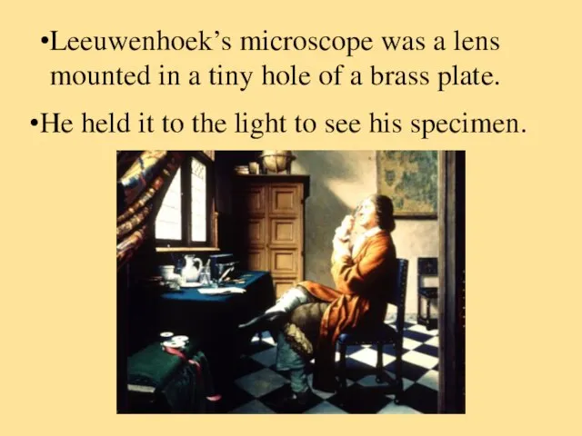 Leeuwenhoek’s microscope was a lens mounted in a tiny hole of a