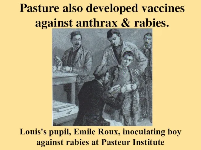 Pasture also developed vaccines against anthrax & rabies. Louis's pupil, Emile Roux,
