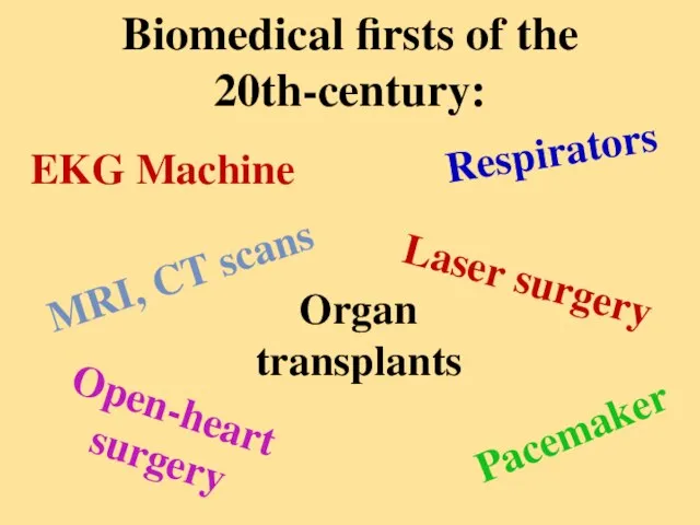Biomedical firsts of the 20th-century: Organ transplants Pacemaker Respirators Open-heart surgery EKG
