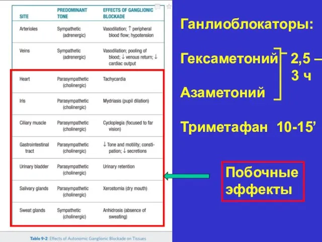 Ганлиоблокаторы: Гексаметоний 2,5 – 3 ч Азаметоний Триметафан 10-15’ Побочные эффекты