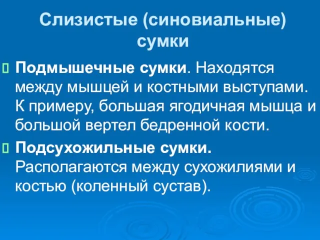 Слизистые (синовиальные) сумки Подмышечные сумки. Находятся между мышцей и костными выступами. К