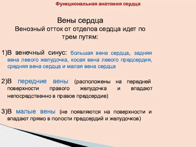 Вены сердца Венозный отток от отделов сердца идет по трем путям: В