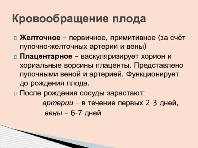 Желточное – первичное, примитивное (за счёт пупочно-желточных артерии и вены) Плацентарное –