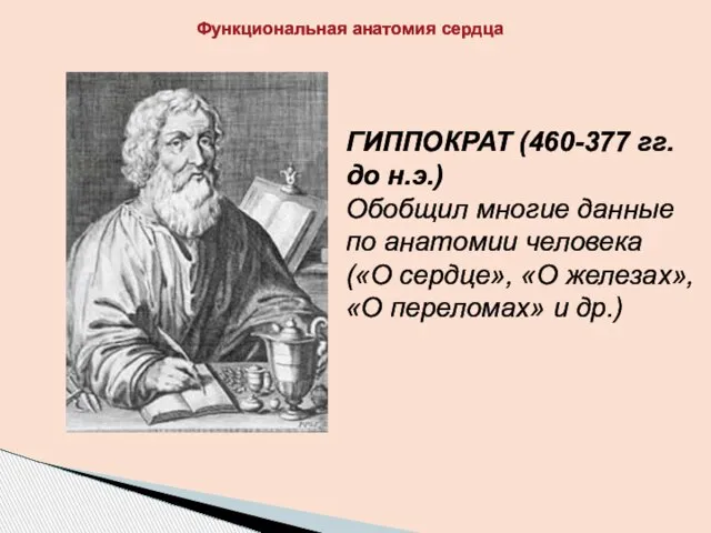 ГИППОКРАТ (460-377 гг. до н.э.) Обобщил многие данные по анатомии человека («О