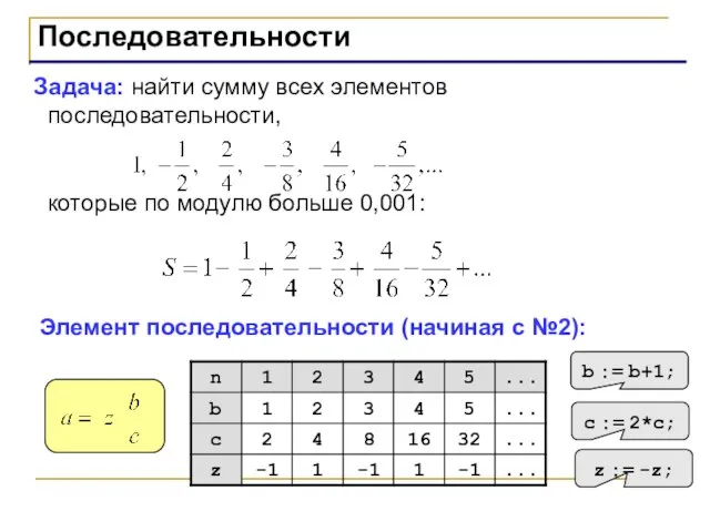 Последовательности Задача: найти сумму всех элементов последовательности, которые по модулю больше 0,001: