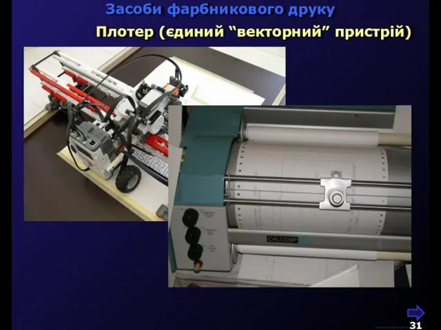 М.Кононов © 2009 E-mail: mvk@univ.kiev.ua Плотер (єдиний “векторний” пристрій) Засоби фарбникового друку