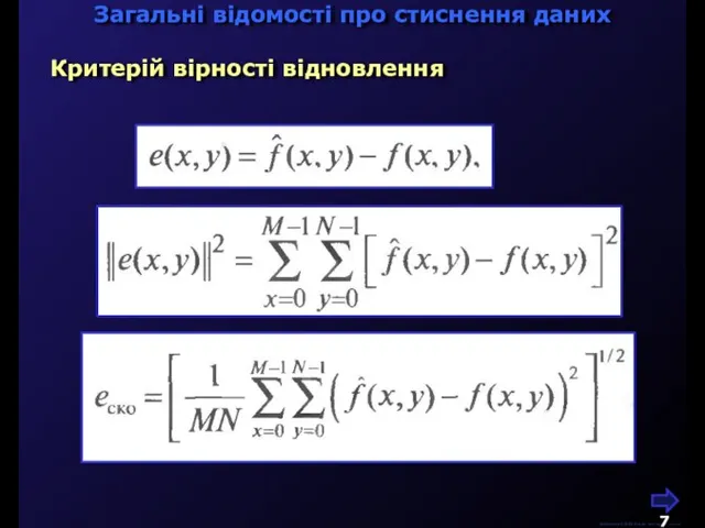 М.Кононов © 2009 E-mail: mvk@univ.kiev.ua Загальні відомості про стиснення даних Критерій вірності відновлення