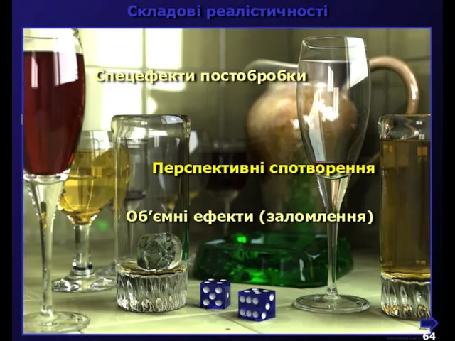 Складові реалістичності Відбиття Текстури Відтворення форми поверхні Відтворення властивостей поверхні Модель освітлення