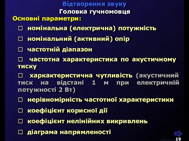 М.Кононов © 2009 E-mail: mvk@univ.kiev.ua Відтворення звуку Головка гучномовця Основні параметри: 