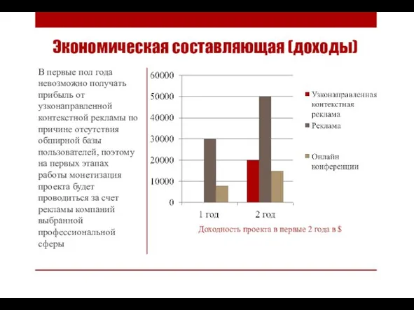 Экономическая составляющая (доходы) В первые пол года невозможно получать прибыль от узконаправленной