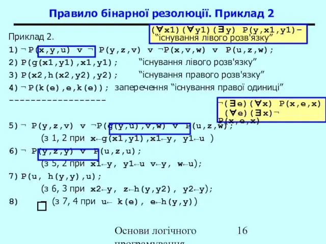 Основи логічного програмування Приклад 2. 1) ¬ P(x,y,u) v ¬ P(y,z,v) v