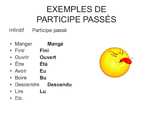EXEMPLES DE PARTICIPE PASSÉS Infinitif Participe passé Manger Mangé Finir Fini Ouvrir