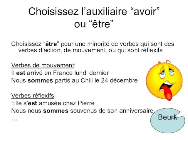 Choisissez l’auxiliaire “avoir” ou “être” Choisissez “être” pour une minorité de verbes