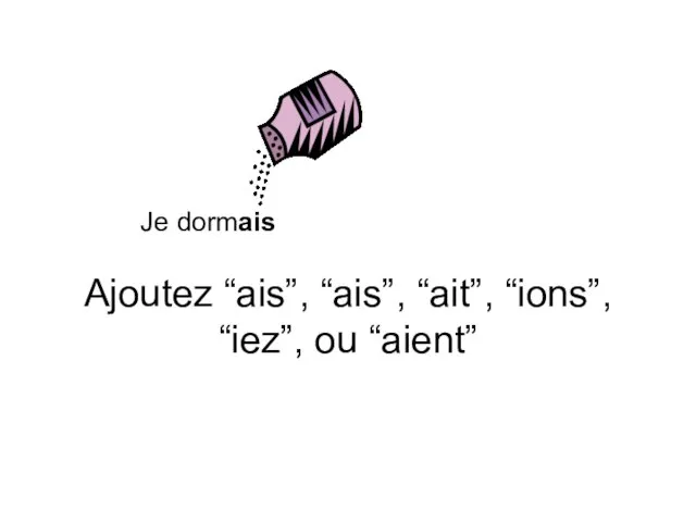 Ajoutez “ais”, “ais”, “ait”, “ions”, “iez”, ou “aient” Je dormais