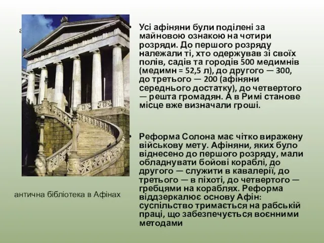 антична бібліотека в Афінах Усі афіняни були поділені за майновою ознакою на